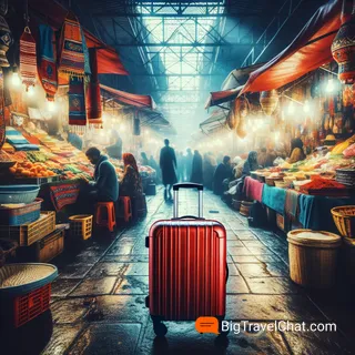 Красочный рынок в Рабате, заполненный местными товарами, в центре кадра красный туристический чемодан на колесиках, атмосферное освещение, кинематографический стиль