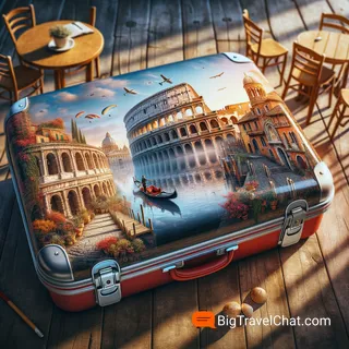 Изображение (не иллюстрация) только в очень реалистичном кинематографическом стиле. На изображении должен присутстовать красный туристический чемодан на колесиках. На изображении не должно быть людей.. Тема изображения: История Италии