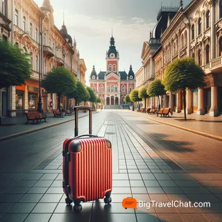 Красный туристический чемодан на колесиках стоит на старинной улице Зренянина, окруженной историческими зданиями. На фоне видна ратуша и чуть дальше церковь. Солнечный день, легкий ветерок двигает листья деревьев. Тротуары чистые, практически без людей, создавая чувство покоя и умиротворенности. Чемодан находится в центре кадра, символизируя путешественника, прибывшего в этот прекрасный город.