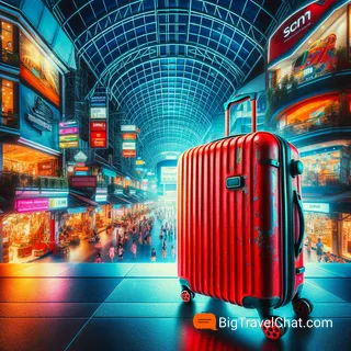 Фотография красного туристического чемодана на фоне яркого торгового центра в Паттайе, Таиланд