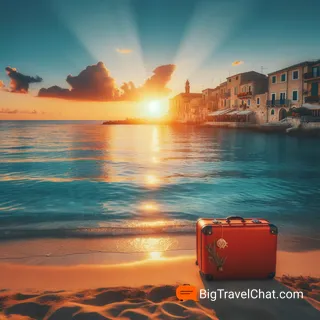 Фотография заката в Sunset Town с красным чемоданом на пляже, кинематографический стиль, без людей, лазурное море