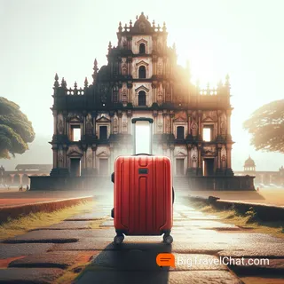 Изображение красного туристического чемодана на колесиках на фоне исторического памятника в Гоа, Индия, реалистичный кинематографический стиль