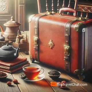 Реалистичное изображение в кинематографическом стиле с красным туристическим чемоданом на колесиках, рядом с которым расположены чайные принадлежности и традиционный цейлонский чай в элегантной чайной комнате