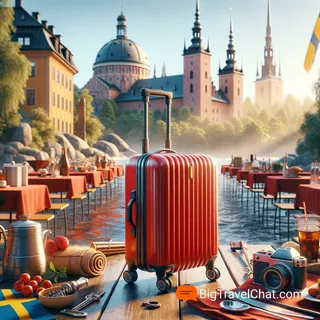 Изображение (не иллюстрация) только в очень реалистичном кинематографическом стиле. На изображении должен присутстовать красный туристический чемодан на колесиках. На изображении не должно быть людей.. Тема изображения: Население Швеции — этнический состав, традиции, культура, интересные факты о жителях.