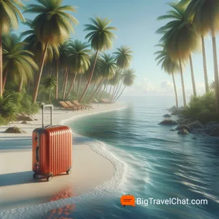 Реалистичное изображение приморской зоны с красным туристическим чемоданом на колесиках на пляже среди пальм и белого песка