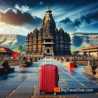 Пейзажный вид на храм Trayambakeshwar с красным туристическим чемоданом на переднем плане, без людей