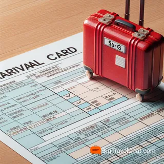 Подробная инструкция по заполнению SG Arrival Card, без людей, красный туристический чемодан