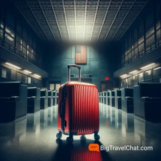 Красный туристический чемодан на колесиках стоит на фоне мрачного офиса службы иммиграции, освещенный приглушенным светом, темные стены и строгий интерьер подчеркивают атмосферу ожидания и неопределенности