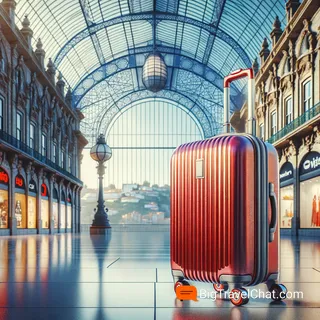 Фотография красного туристического чемодана на колесиках, стоящего на фоне ярких витрин аэропорта Порту в очень реалистичном кинематографическом стиле.