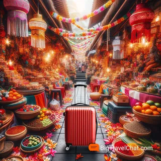 Фотография красного чемодана с колесиками на фоне красочных балийских рынка с сувенирами и ароматными специями