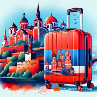 Иллюстрация: красный туристический чемодан на фоне знаковых памятников Сербии, таких как крепость Калемегдан и храм Святого Саввы