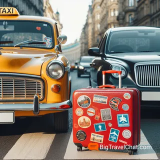 Поездка на такси и частном транспорте, красный туристический чемодан