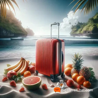 Изображение с красным туристическим чемоданом на колесиках, окруженным экзотическими фруктами на фоне пляжа Бали, очень реалистично и кинематографично