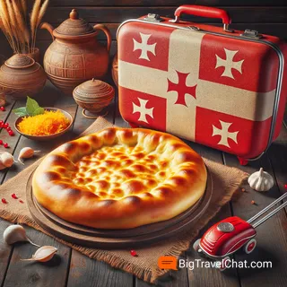 Фотография вкусного, с игристо-золотистой корочкой Гурийского хачапури, лежащего на деревянном столе рядом с красным туристическим чемоданом на колесиках, среди традиционных грузинских украшений