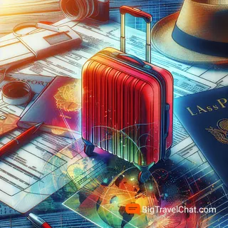 Изображение, отображающее туристический красный чемодан на фоне документации и паспорта