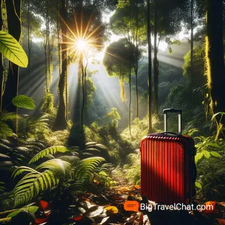 Красивая индийская природа с красным туристическим чемоданом на колесиках, находящимся на переднем плане, солнечные лучи пробиваются сквозь густую листву