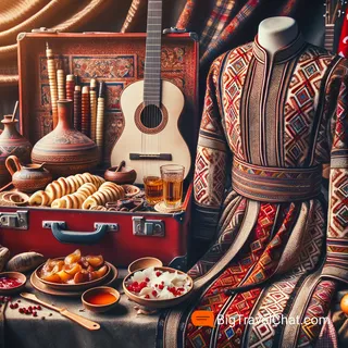 Грузинский костюм со сложными узорами на фоне красного чемодана на колёсиках, рядом традиционные музыкальные инструменты и блюда грузинской кухни кинематографический стиль