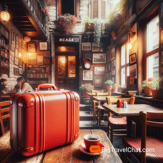 Изображение красного туристического чемодана на фоне уютного кафе в Белграде, подлинный кинематографический стиль
