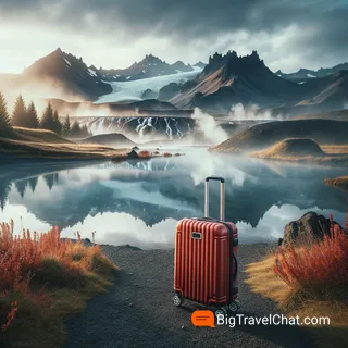 Фотография красного туристического чемодана на колесиках на фоне впечатляющего горного пейзажа с термальными источниками в кинематографическом стиле