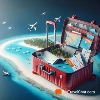 Изображение (не иллюстрация) только в очень реалистичном кинематографическом стиле. На изображении должен присутстовать красный туристический чемодан на колесиках. На изображении не должно быть людей.. Тема изображения: Стоимость отдыха на Мальдивах: как спланировать бюджетное путешествие