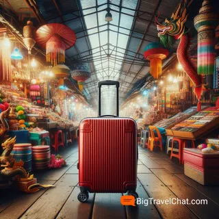 Реалистичное кинематографическое изображение красного туристического чемодана на колесиках, стоящего на фоне красочных рынков Бангкока, окруженного множеством ярких сувениров и традиционных товаров