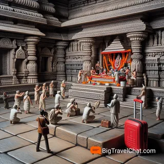 Реальное изображение священной церемонии в храме Trayambakeshwar с красным туристическим чемоданом на заднем плане, без людей