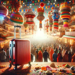 Изображение (не иллюстрация) только в очень реалистичном кинематографическом стиле. На изображении должен присутстовать красный туристический чемодан на колесиках. На изображении не должно быть людей.. Тема изображения: Фестивали Индии: топ-10 праздников, которые нельзя пропустить