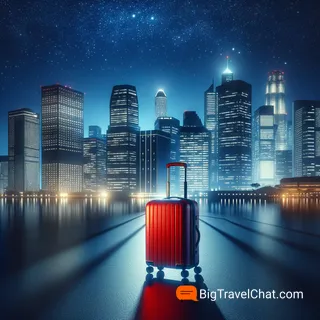 Изображение ночного города с множеством светящихся ламп и красным туристическим чемоданом на колесиках на переднем плане