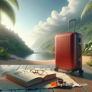 Изображение (не иллюстрация) только в очень реалистичном кинематографическом стиле. На изображении должен присутстовать красный туристический чемодан на колесиках. На изображении не должно быть людей.. Тема изображения: Как восстановиться после стресса: рекомендации доктора Аюрведы