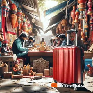 Красный туристический чемодан стоит на фоне уличных ремесленников, занимающихся традиционными индийскими изделиями, с детализированными инструментами и готовыми изделиями. Кинематографический стиль, яркие и четкие цвета, без людей