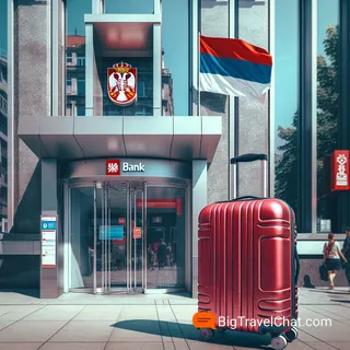Красный туристический чемодан у входа в банковское отделение в Сербии