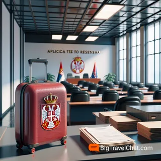 Максимально реальная картинка сербского официального учреждения для подач на ВНЖ, строгая обстановка, на переднем плане красный туристический чемодан